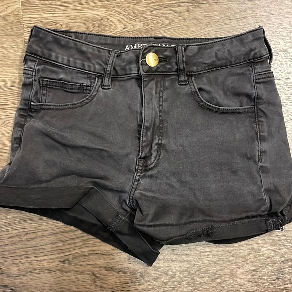 Black high-rise denim shorts
